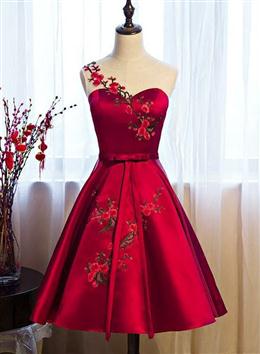 Picture of Pretty Red Color Satin Knee Length Party Dresses, Cute Bridesmaid Dresses